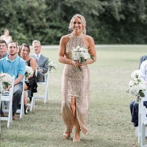 Rose gold sequin halter maxi bridesmaid dress